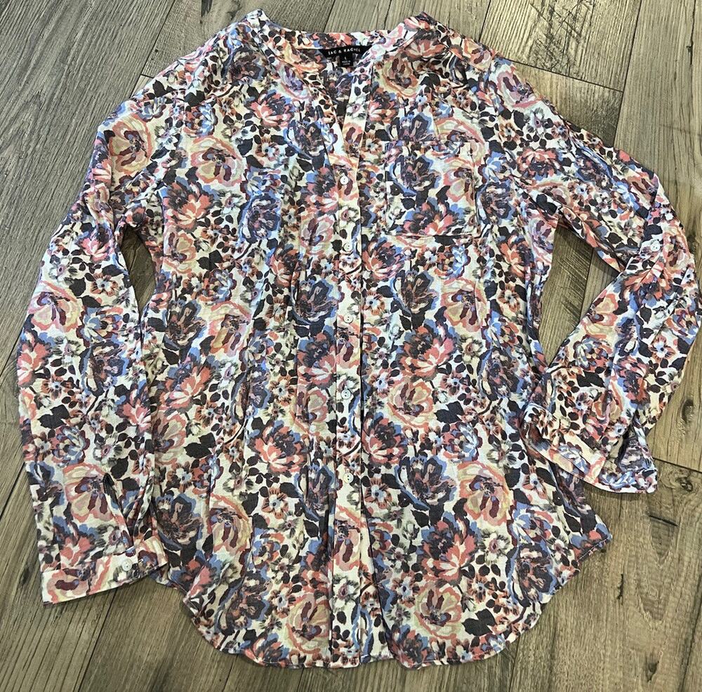 Zac & Rachel Top Blouse Long Sleeves Roll Tab Button Up Floral Size Large